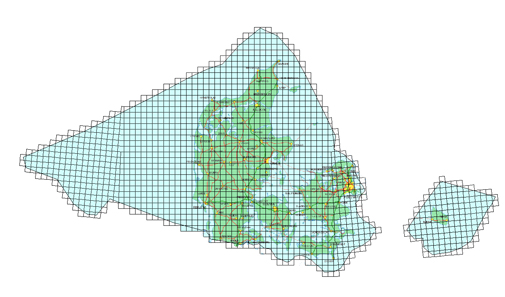 Danmarks søterritorium med angivelse af 10 x 10 km UTM-kvadrater